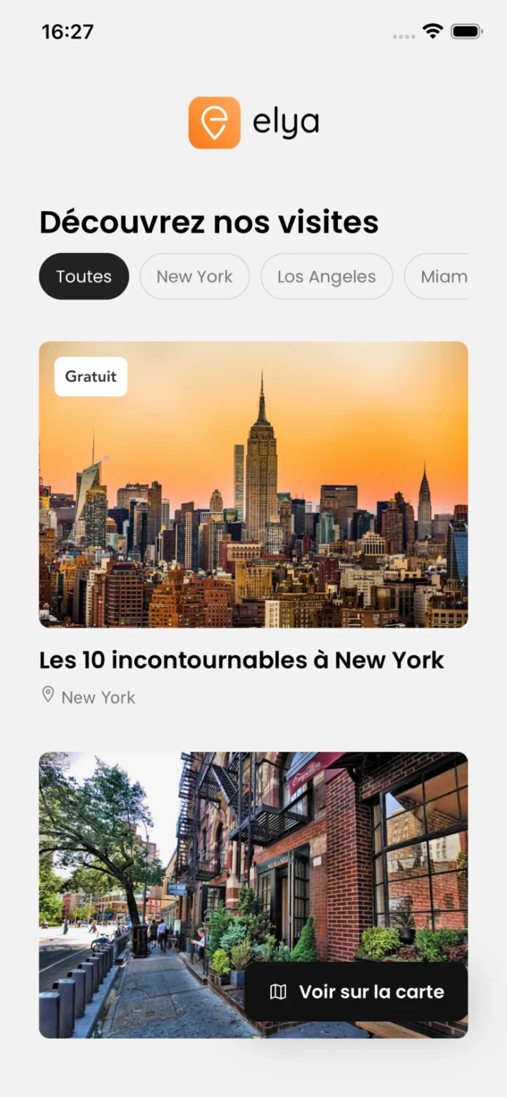 Écran d’accueil Elya présentant les visites disponibles à New York.